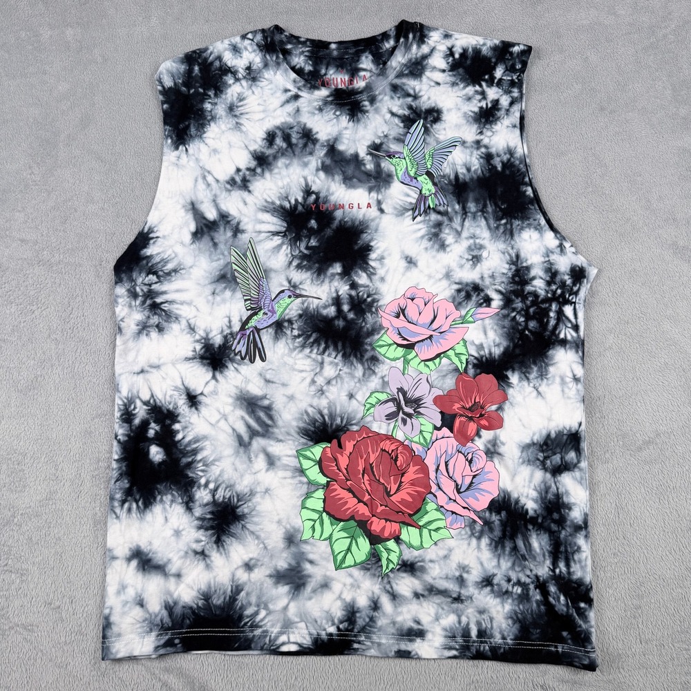 YoungLA 315 YLA1984 Mens Large Tie Dye Hummingbird Rose Muscle Tank Top Black